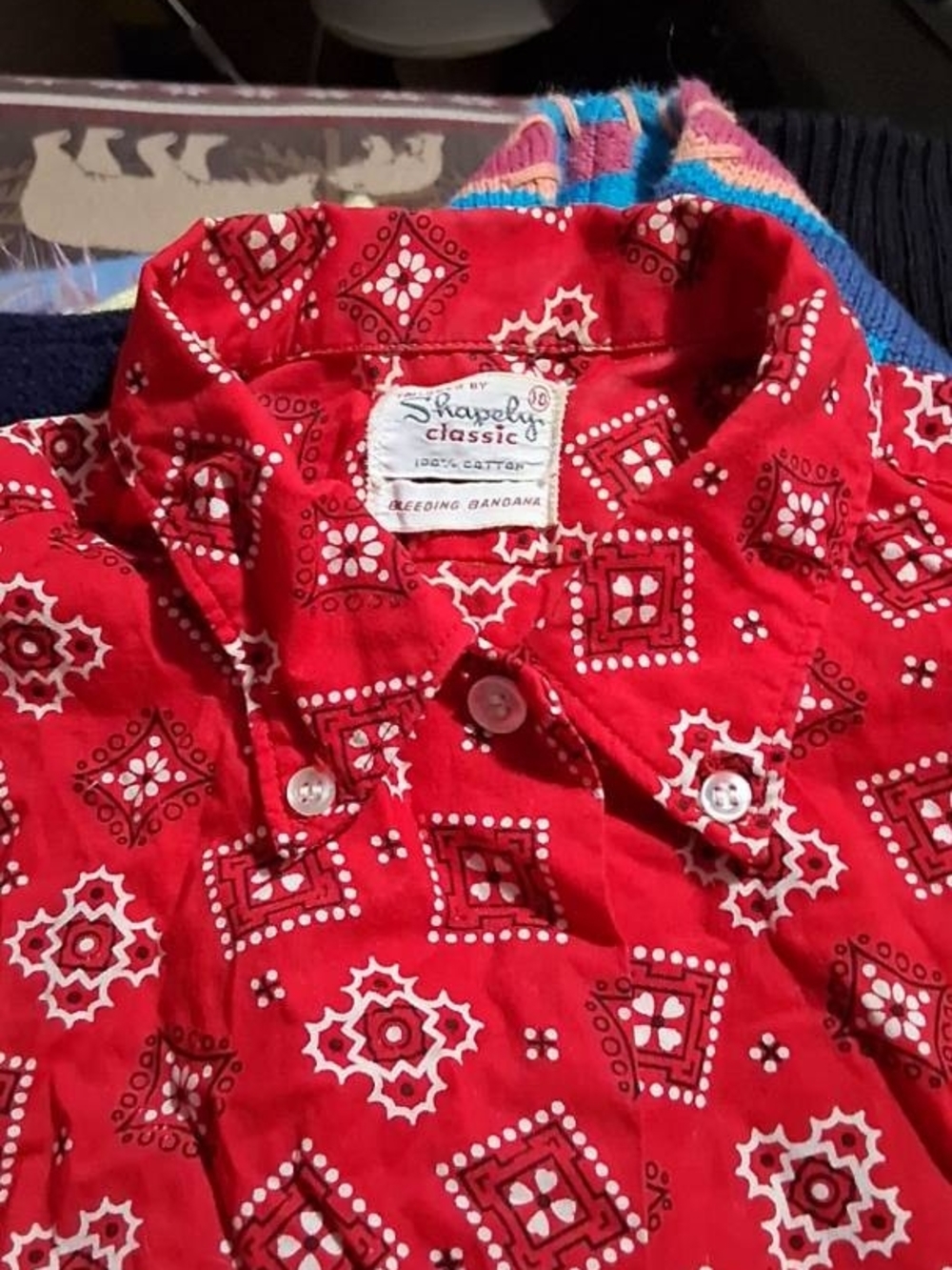 Shapely Classic Bleeding Bandana Red Button Down Size 10 Vintage Dagger Collar